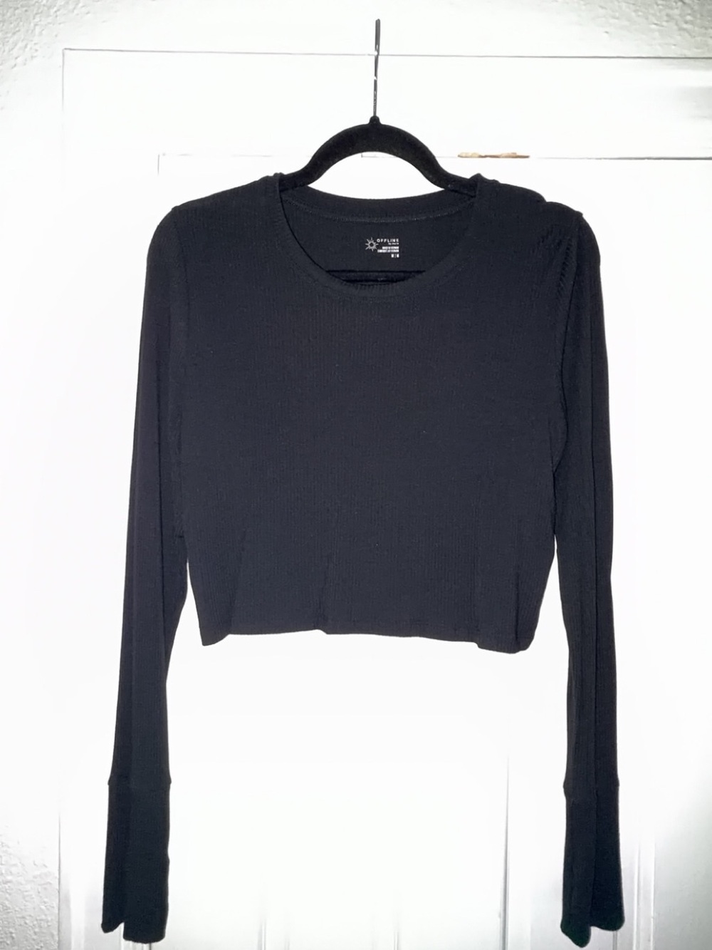 aerie Black Cropped Ribbed Long-Sleeve Top